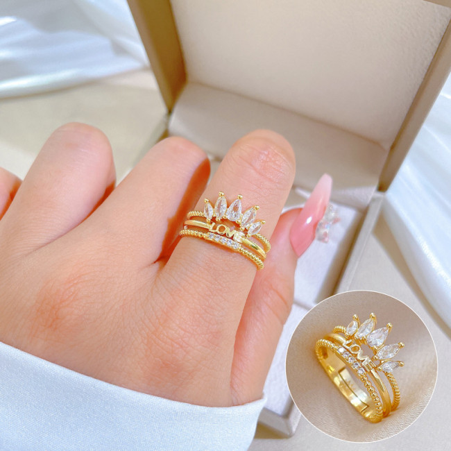 [Real Gold] Love Crown Full Diamond Ring Adjustable Open Simple Hand Jewelry Japanese Style Couple Rings