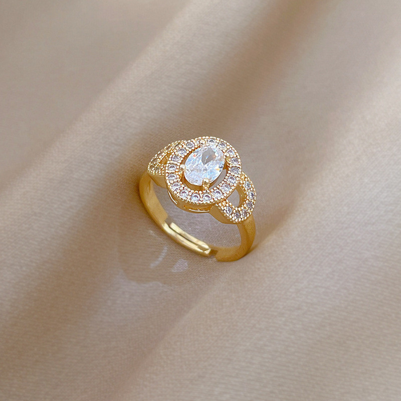 【Real Gold】Light Luxury Egg-Shaped Full Diamond Ring Adjustable Open Simple Hand Jewelry Japanese Style Couple Rings