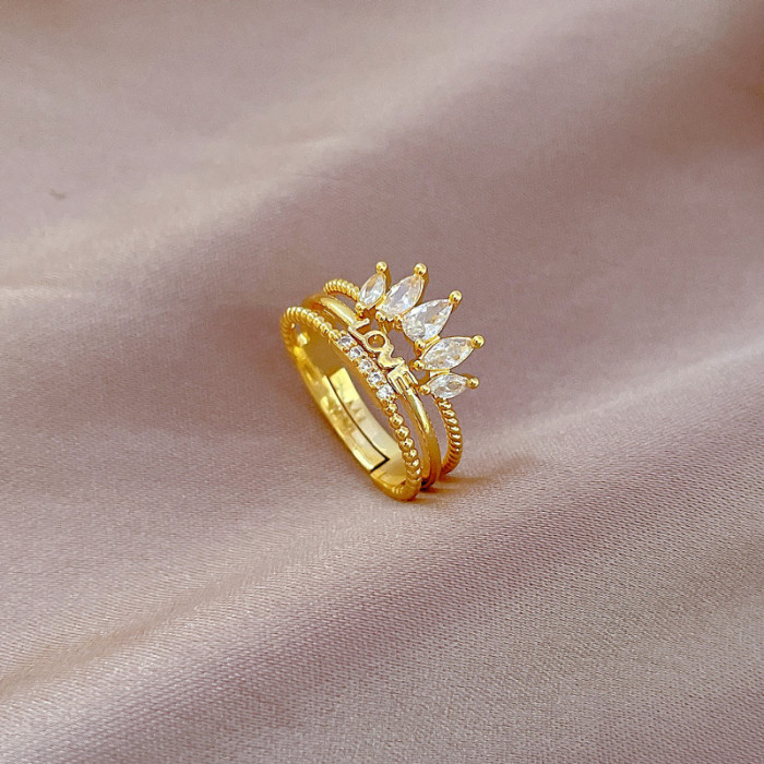 [Real Gold] Love Crown Full Diamond Ring Adjustable Open Simple Hand Jewelry Japanese Style Couple Rings