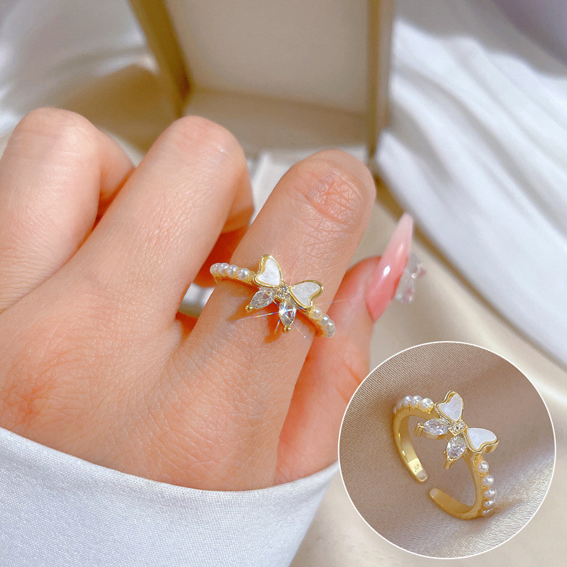[Real Gold] Butterfly Oil Drop Zircon Ring Adjustable Open Simple Hand Jewelry Japanese Style Couple Rings
