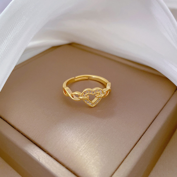 [Real Gold] Chain Heart Full Diamond Ring Adjustable Open Simple Hand Jewelry Japanese Style Couple Rings