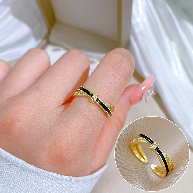 【Real Gold Plating】Open Oil Drop Cross Fashion Micro Inlay Light Luxury Ring Index Finger Ring Internet Celebrity Same Style Minimalist Style