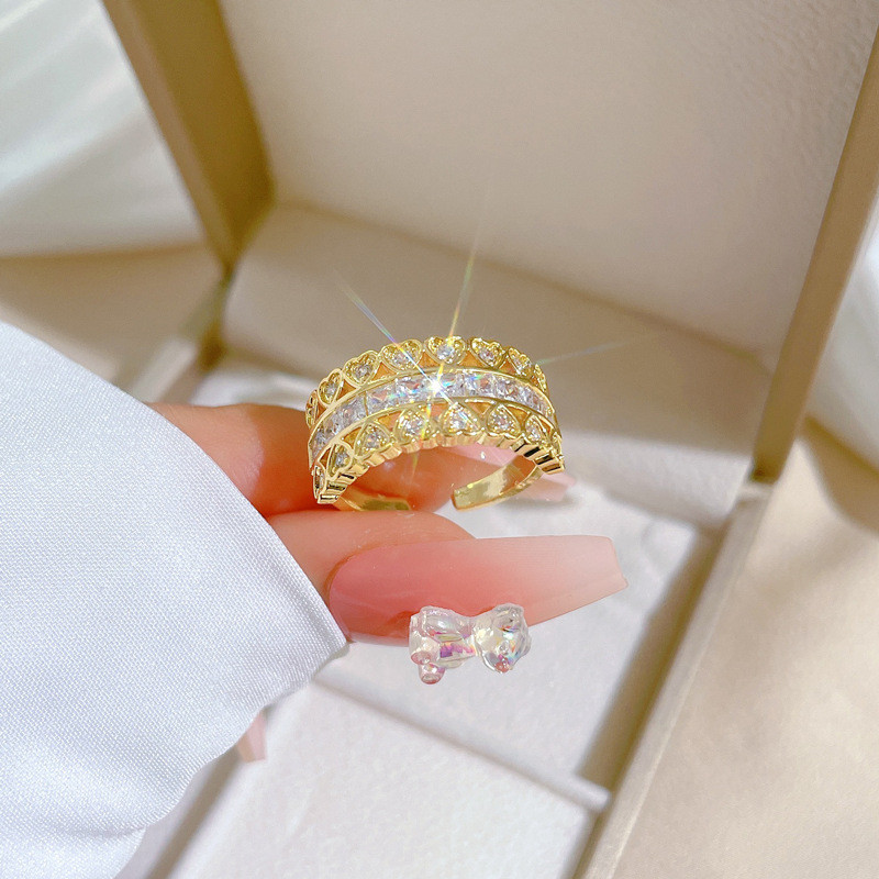 【Real Gold】Heart-Shaped Zircon Ring Adjustable Open Style Simple Hand Jewelry Japanese Style Couple Rings
