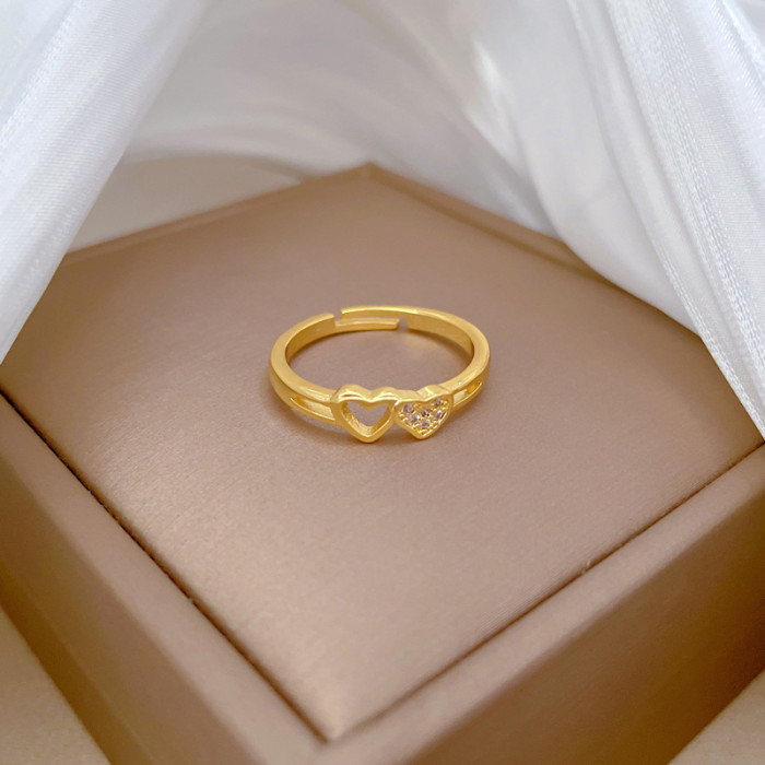 【Real Gold】Heart-Shaped Hollow Small Ring Adjustable Open Simple Hand Jewelry Japanese Style Couple Rings