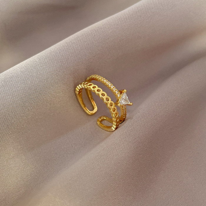 [Real Gold] Korean Version Super Shiny Zircon Chain Triangle Ring Adjustable Open Simple Japanese Style Ring