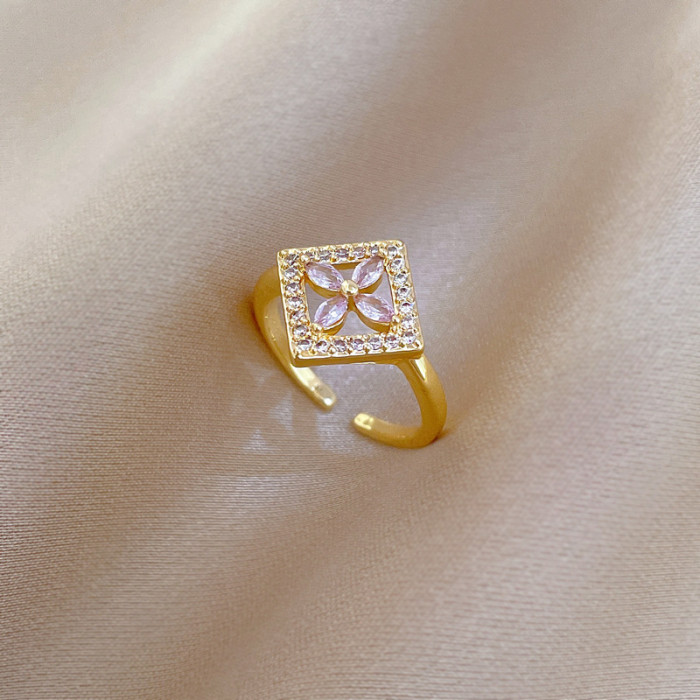 【Real Gold】Light Luxury Square Flower Ring Adjustable Open Simple Hand Jewelry Japanese Style Couple Rings