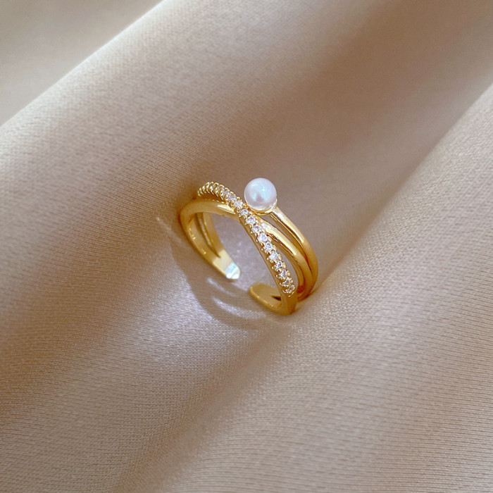 【Real Gold】Cross Pearl Full Diamond Ring Adjustable Open Simple Hand Jewelry Japanese Style Couple Rings