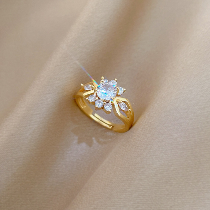 【Real Gold】Full Diamond Personalized Zircon Ring Adjustable Open Simple Hand Jewelry Japanese Style Couple Rings