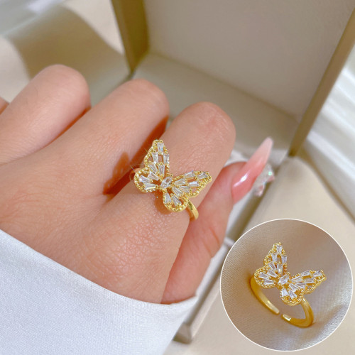 【Real Gold Plating】Open Heavy Craft Butterfly Fashion Micro Inlay Light Luxury Ring Index Finger Ring Internet Celebrity Same Style Minimalist Style