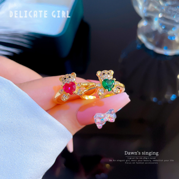 [Real Gold] Inlaid Diamond Bear Open Ring for Women, Korean and Japanese Niche Simple Design Index Finger Ring, Internet Celebrity Ring