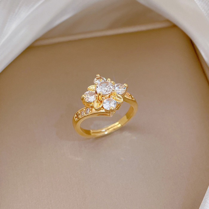 [Real Gold] Full Diamond Flower Zircon Personalized Adjustable Open Ring Light Luxury Japanese Style Couple Rings
