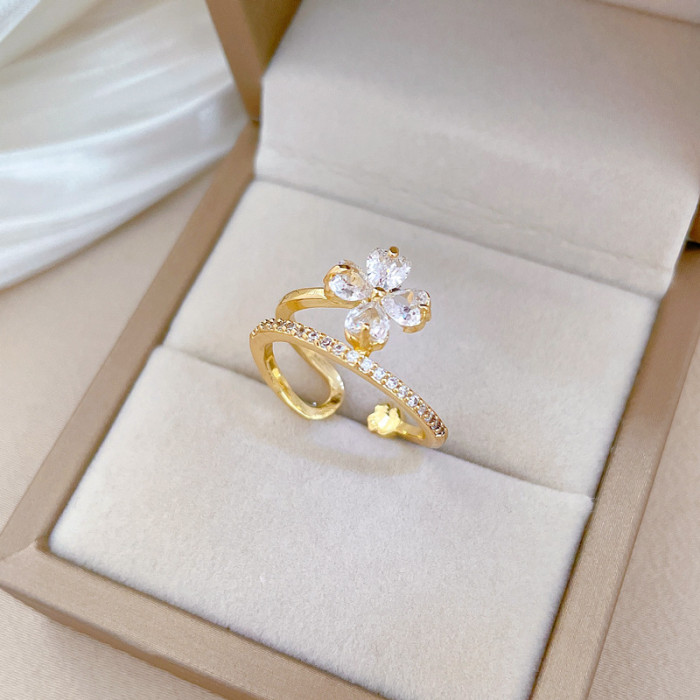 [Gold-Plated]Lucky Flower Fully Stone-Set Ring Adjustable Open Simple Hand Jewelry Japanese Style Couple Rings