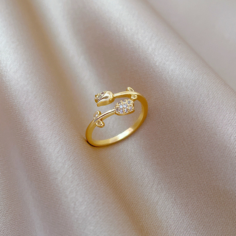 【Real Gold】Rose Flower Full Diamond Ring Adjustable Open Simple Hand Jewelry Japanese Style Couple Rings