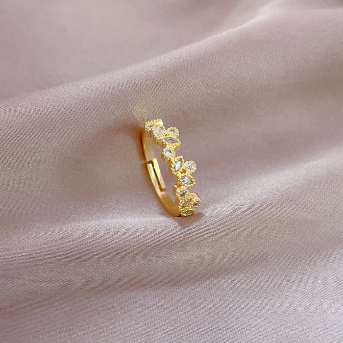 【Real Gold】Leaf Zircon Ring Adjustable Open Style Simple Hand Jewelry Japanese Style Couple Rings
