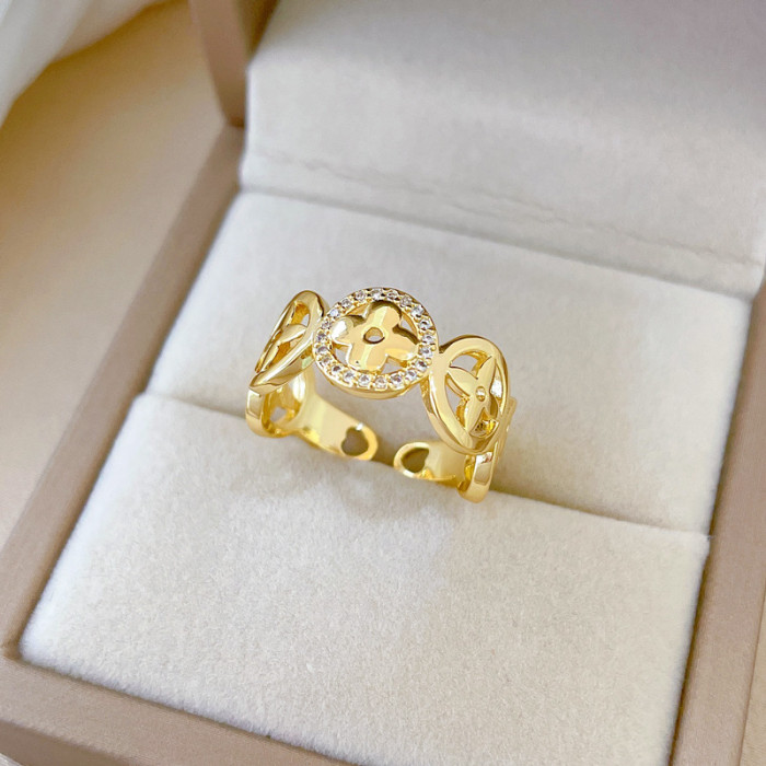 [Real Gold] Copper Coin Four-Leaf Flower Ring Adjustable Open Ring Light Luxury Hand Jewelry Japanese Style Couple Rings