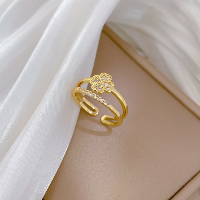 [Real Gold] Four-Leaf Flower Full Diamond Ring Adjustable Open Simple Hand Jewelry Japanese Style Couple Rings