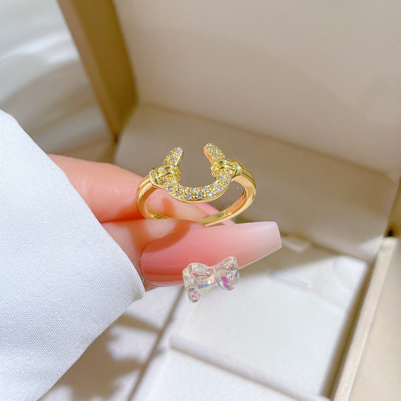 【Real Gold】Crescent Moon Full Diamond Ring Adjustable Open Simple Hand Jewelry Japanese Style Couple Rings