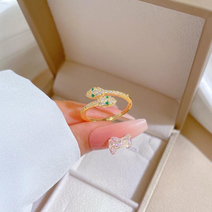 [Real Gold] Green-Eyed Little Snake Ring Adjustable Open Simple Hand Jewelry Japanese Style Couple Rings