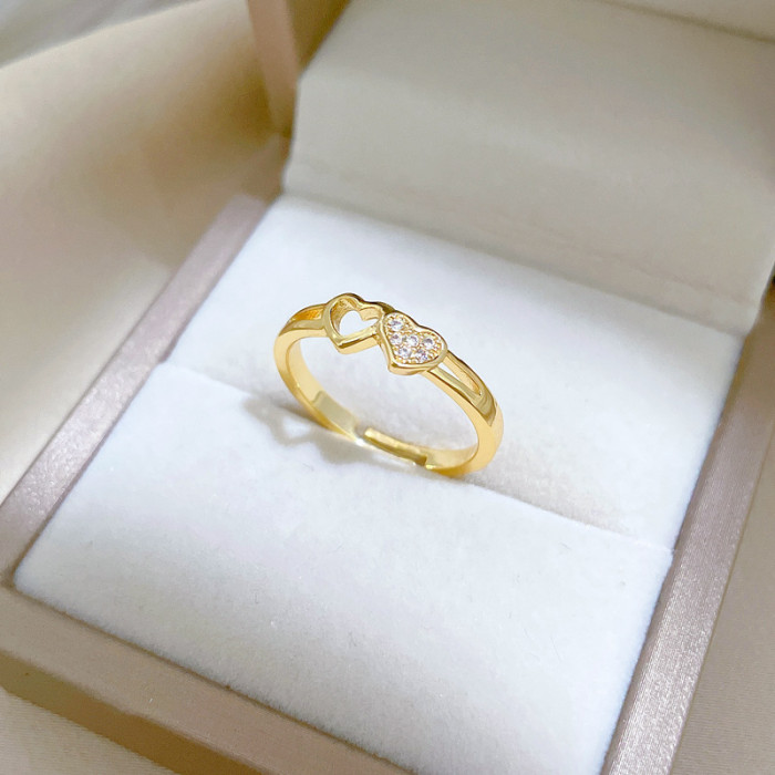 【Real Gold】Heart-Shaped Hollow Small Ring Adjustable Open Simple Hand Jewelry Japanese Style Couple Rings