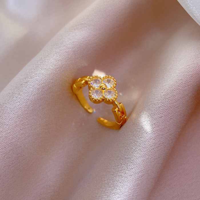 【Real Gold Plating】Open Ring for Women Lucky Clover Fashion Ring Index Finger Ring Internet Celebrity Same Style Simp...