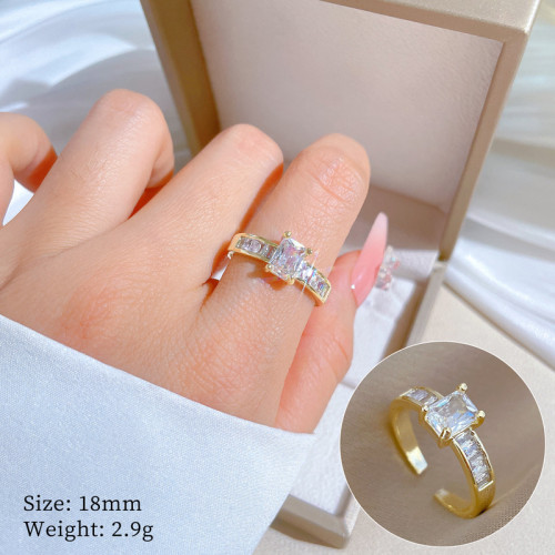 【Real Gold】Square Diamond Full Zircon Wedding Ring Adjustable Open Ring Simple Hand Jewelry Japanese Style Couple Rings