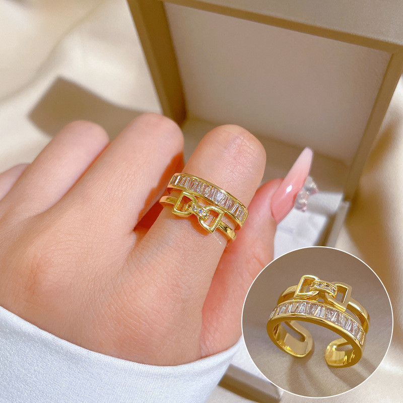 【Real Gold Plating】Open Bowknot Women's Fashion Micro Inlay Light Luxury Ring Index Finger Ring Internet Celebrity Same Style Minimalist Style