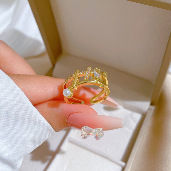 【Real Gold Plating】Open Pearl Geometric Fashion Micro Inlay Light Luxury Ring Index Finger Ring Internet Celebrity Same Style Minimalist Style