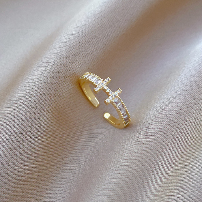 【Real Gold】Full Diamond H Wedding Ring Adjustable Open Ring Simple Hand Jewelry Japanese Style Couple Rings