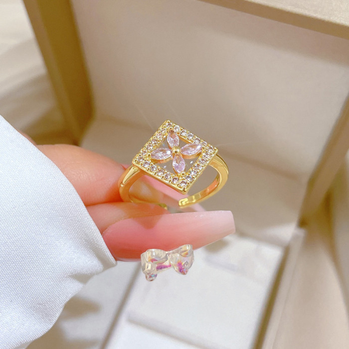 【Real Gold】Light Luxury Square Flower Ring Adjustable Open Simple Hand Jewelry Japanese Style Couple Rings
