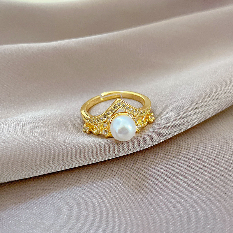 [Real Gold] Crown Pearl Open Adjustable Ring Simple Hand Jewelry Japanese Style Couple Rings