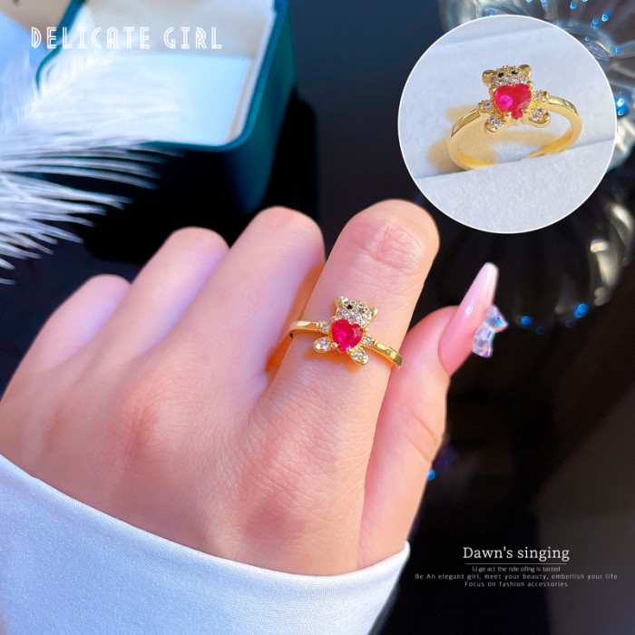 [Real Gold] Inlaid Diamond Bear Open Ring for Women, Korean and Japanese Niche Simple Design Index Finger Ring, Internet Celebrity Ring
