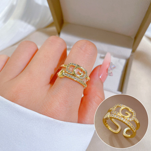 【Real Gold Plating】Open Letter Women's Fashion Micro Inlay Light Luxury Ring Index Finger Ring Internet Celebrity Same Style Minimalist Style
