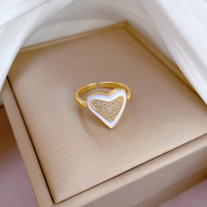 【Real Gold】Oil Drop Heart Full Diamond Ring Adjustable Open Simple Hand Jewelry Japanese Style Couple Rings
