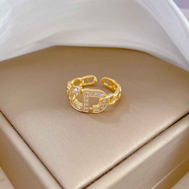 【Real Gold】CD Zircon Ring Adjustable Open Style Simple Hand Jewelry Japanese Style Couple Rings