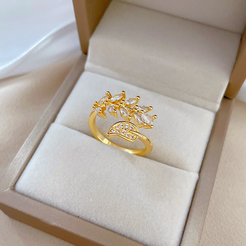 【Real Gold Plating】Open Leaf Zircon Fashion Micro Inlay Light Luxury Ring Index Finger Ring Internet Celebrity Same Style Minimalist Style
