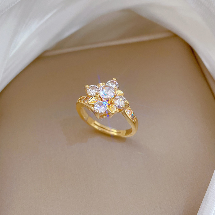 [Real Gold] Full Diamond Flower Zircon Personalized Adjustable Open Ring Light Luxury Japanese Style Couple Rings