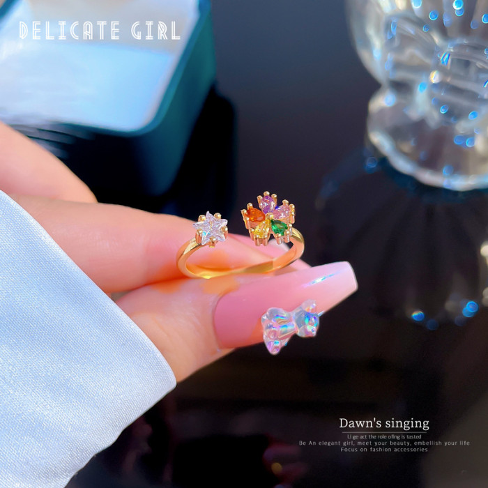 [Real Gold] Inlaid Diamond Flower Open Ring for Women, Korean and Japanese Niche Simple Design Index Finger Ring, Internet Celebrity Ring