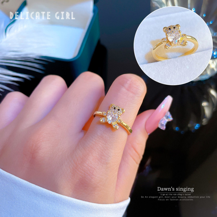 [Real Gold] Inlaid Diamond Bear Open Ring for Women, Korean and Japanese Niche Simple Design Index Finger Ring, Internet Celebrity Ring