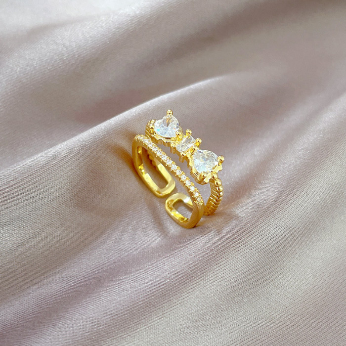 【Real Gold】Double Layer Zircon Ring Adjustable Open Simple Hand Jewelry Japanese Style Couple Rings
