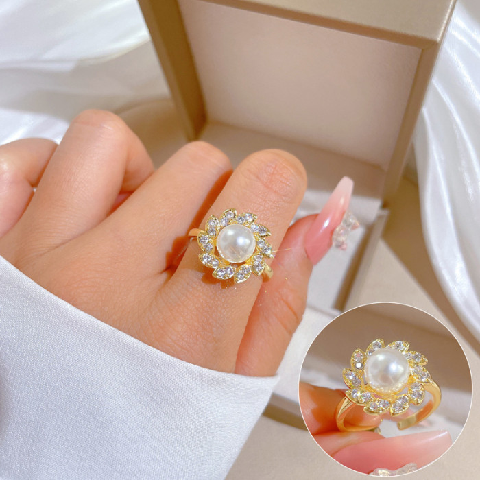 [Real Gold Plating] European and American Design Ins Style Geometric Diamond-Embedded Ball Ring Women's Cold Style Open Ring
