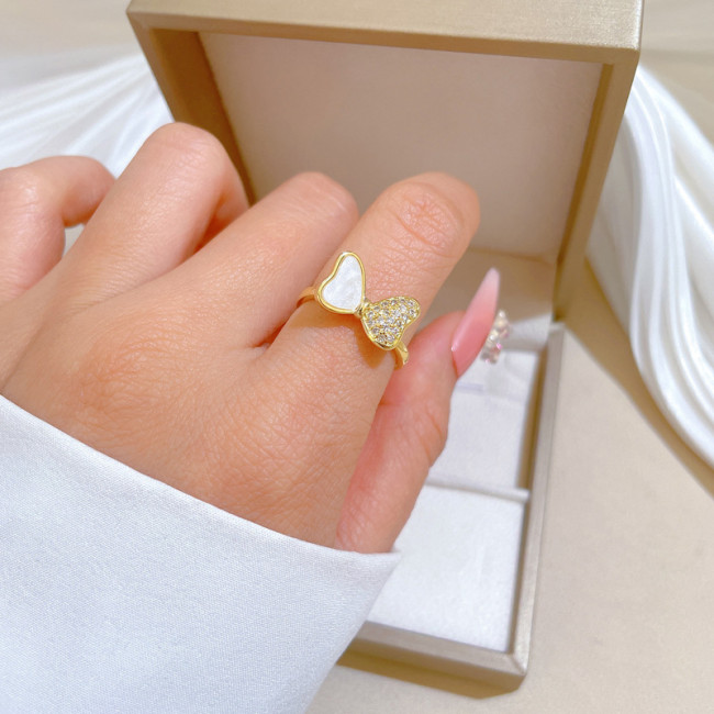 【Real Gold】Shell Butterfly Full Diamond Ring Adjustable Open Simple Hand Jewelry Japanese Style Couple Rings
