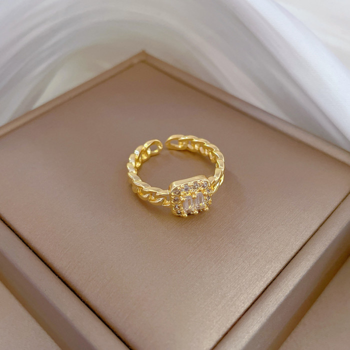 【Real Gold Plating】Open Square Women's Fashion Micro Inlay Light Luxury Ring Index Finger Ring Internet Celebrity Sam...