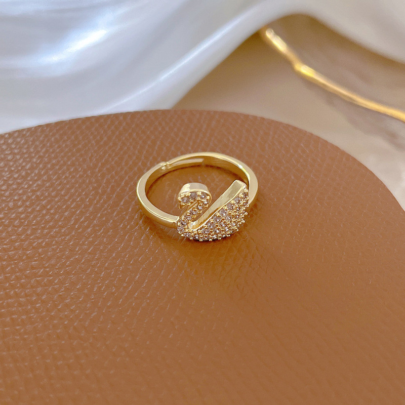 【Real Gold】Full Diamond Swan Wedding Ring Adjustable Open Ring Simple Hand Jewelry Japanese Style Couple Rings