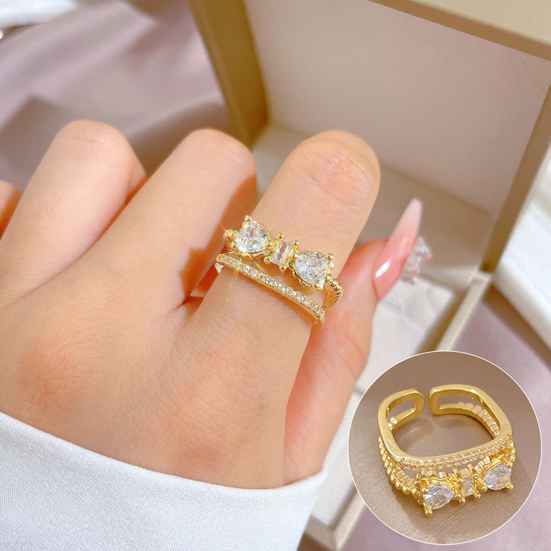 【Real Gold】Double Layer Zircon Ring Adjustable Open Simple Hand Jewelry Japanese Style Couple Rings