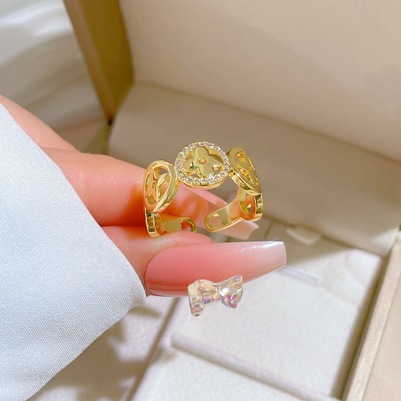 [Real Gold] Copper Coin Four-Leaf Flower Ring Adjustable Open Ring Light Luxury Hand Jewelry Japanese Style Couple Rings