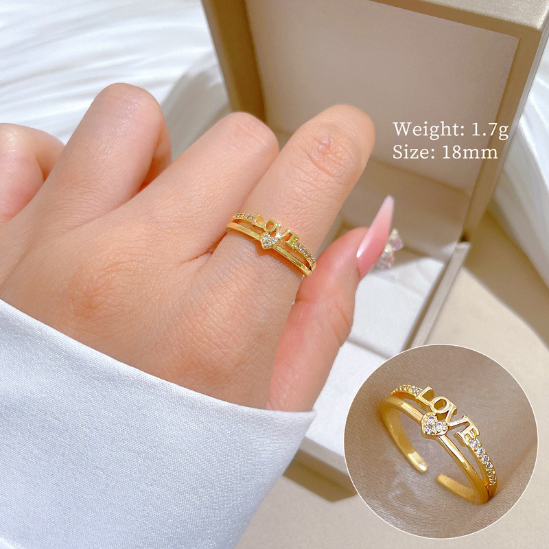 【Real Gold】Heart LOVE Zircon Ring Adjustable Open Style Simple Jewelry Japanese Style Couple Rings