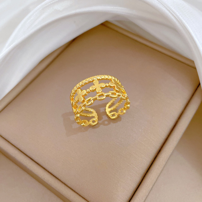 【Real Gold】Minimalist Style Lucky Clover Ring Adjustable Open Simple Hand Jewelry Japanese Style Couple Rings