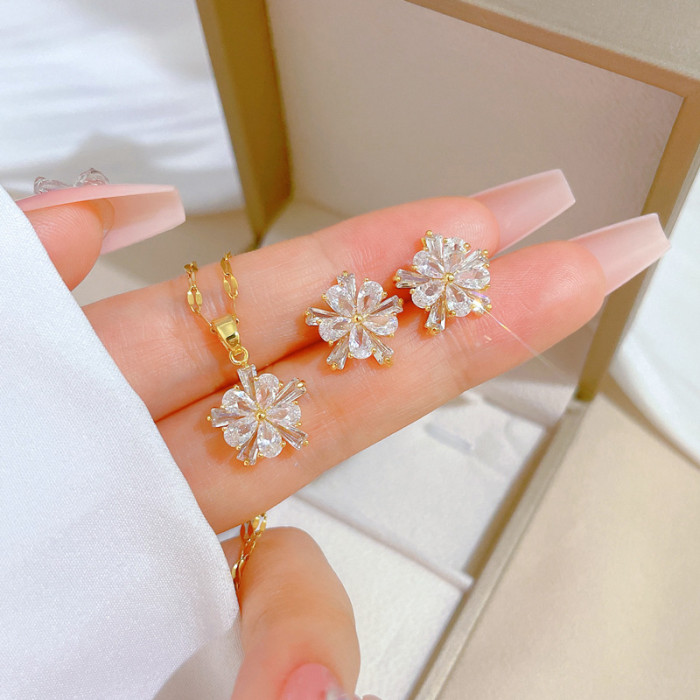 【Set】High-Quality Elegant Light Luxury Full Zircon Heavy Craft Real Gold Plated Copper Micro-Inlaid Earrings Necklace...