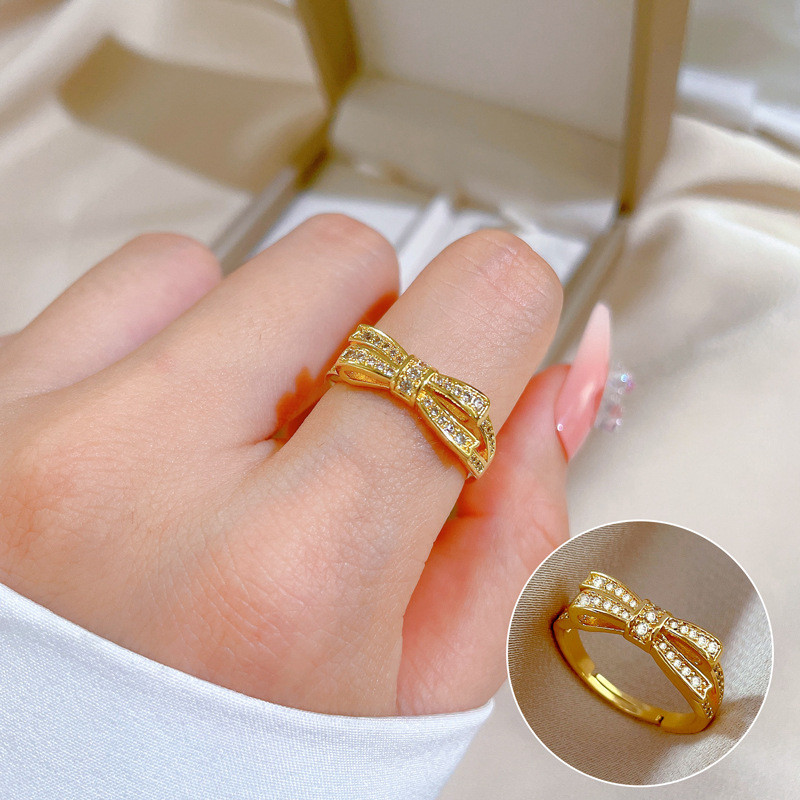【Real Gold Plating】Open Ring for Women Fashion Bowknot Light Luxury Ring Index Finger Ring Internet Celebrity Same Style Minimalist Style