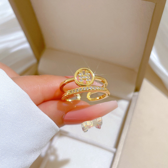 【Real Gold】Light Luxury Fashion Zircon Ring Adjustable Open Simple Hand Jewelry Japanese Style Couple Rings
